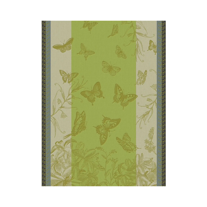 Le Jacquard Français Jardin des Papillons tea towel in olive from Mood by DMJ, green woven cotton kitchen towel with butterflies