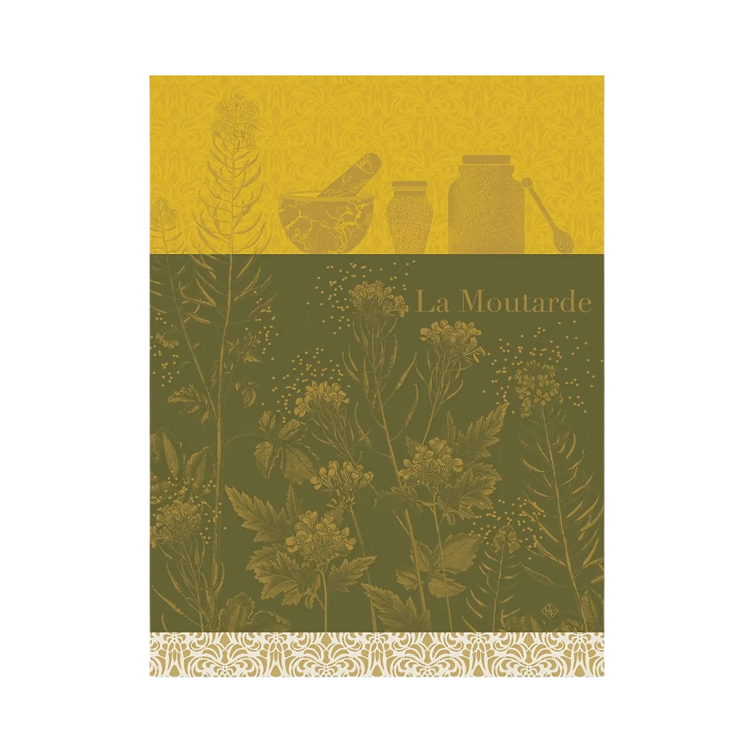 Le Jacquard Français Moutarde en Fleurs tea towel from Mood by DMJ, mustard yellow and olive French cotton kitchen towel with mustard flowers