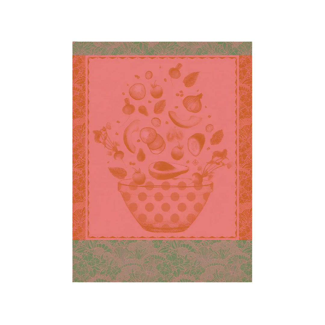 Le Jacquard Français Summer Salad tea towel from Mood by DMJ, coral and pink cotton kitchen towel with vegetables and a salad bowl