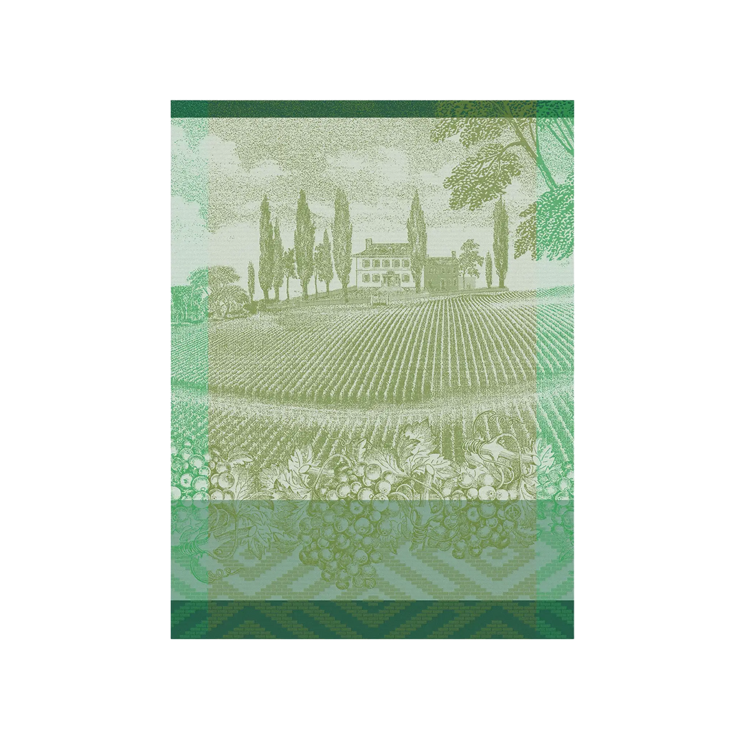Le Jacquard Français Vineyard tea towel from Mood by DMJ, green French cotton kitchen towel with a Burgundy vineyard landscape