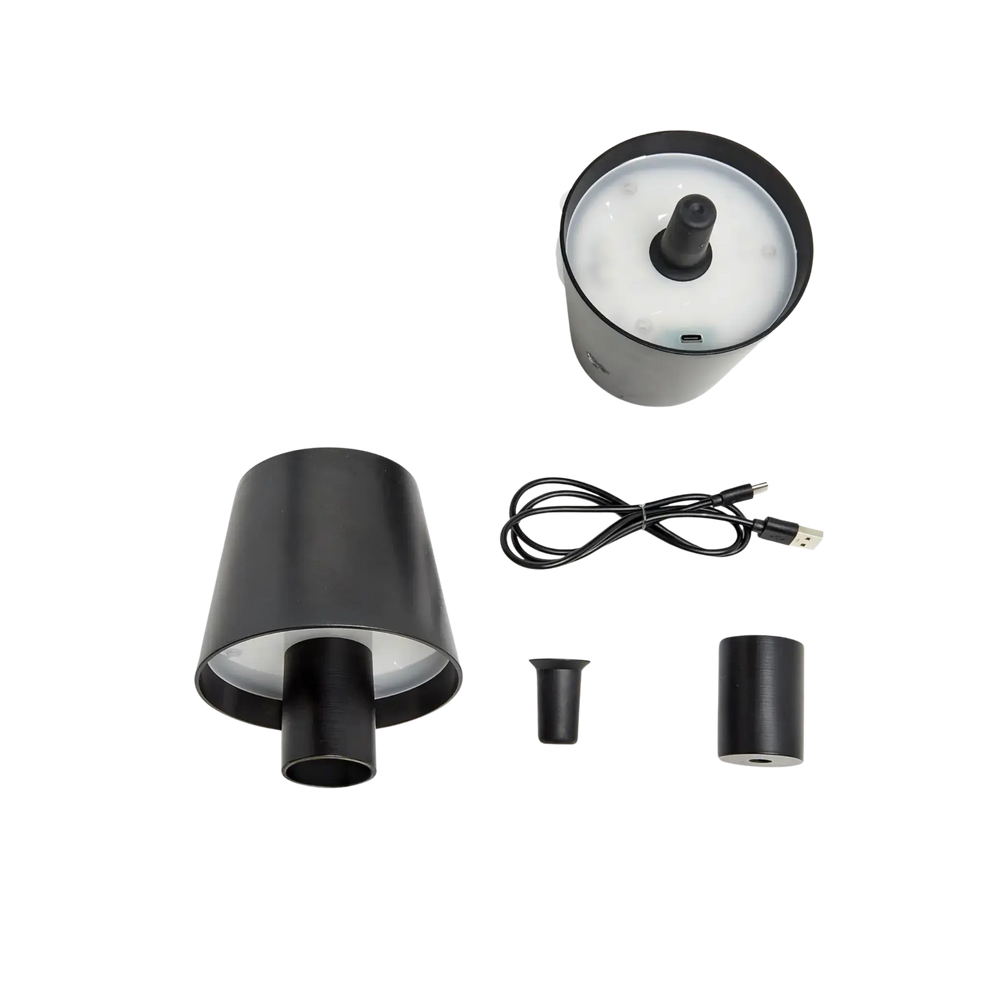 LED bottle lampshade kit with black shade, bottle adapters, fitting rings, and USB charging cable by Mood by DMJ