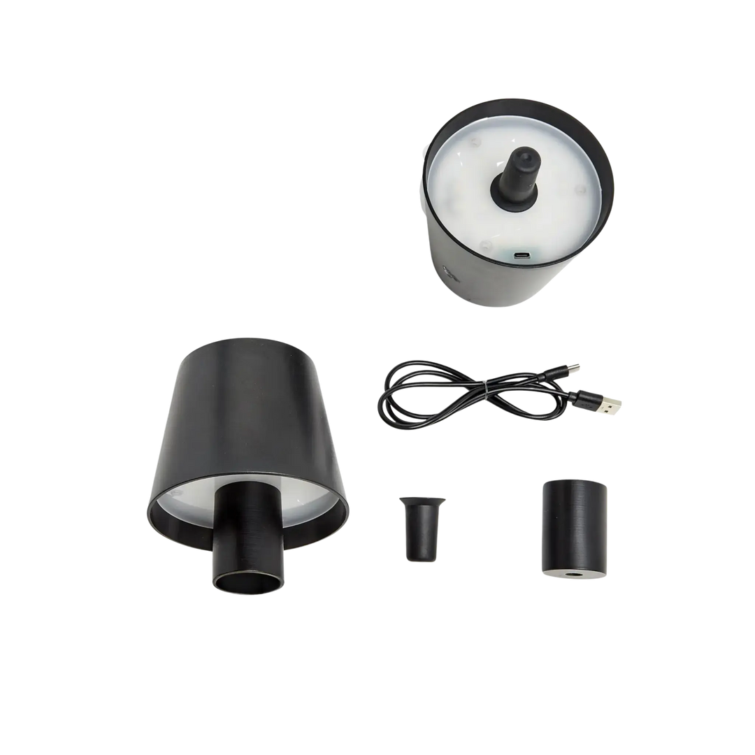 LED bottle lampshade kit with black shade, bottle adapters, fitting rings, and USB charging cable by Mood by DMJ