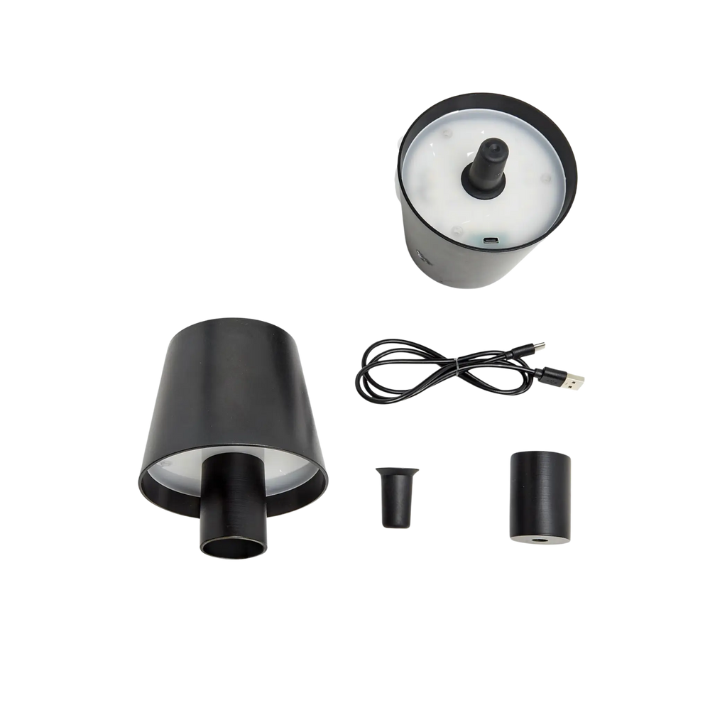 LED bottle lampshade kit with black shade, bottle adapters, fitting rings, and USB charging cable by Mood by DMJ