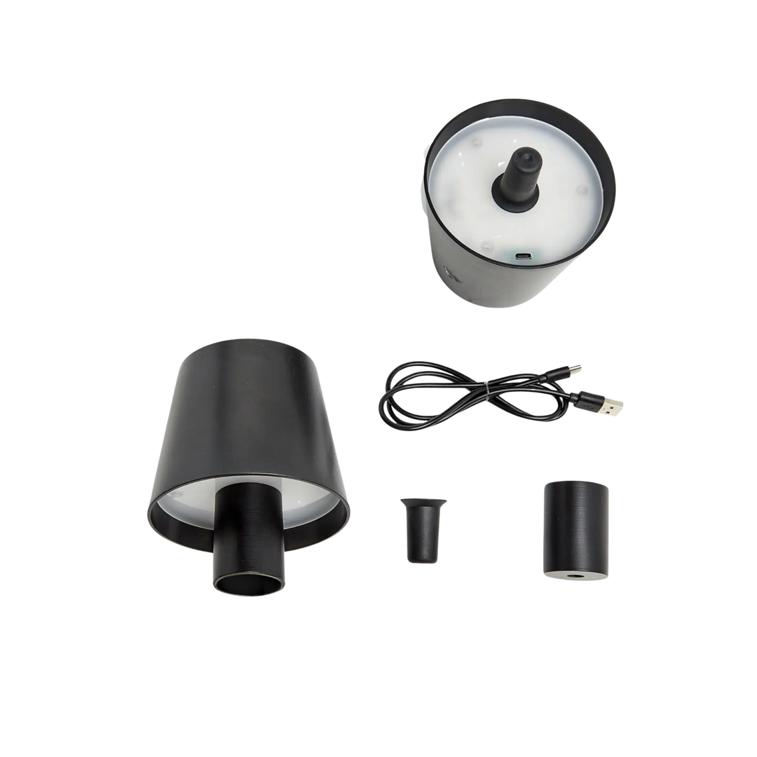 LED bottle lampshade kit with black shade, bottle adapters, fitting rings, and USB charging cable by Mood by DMJ