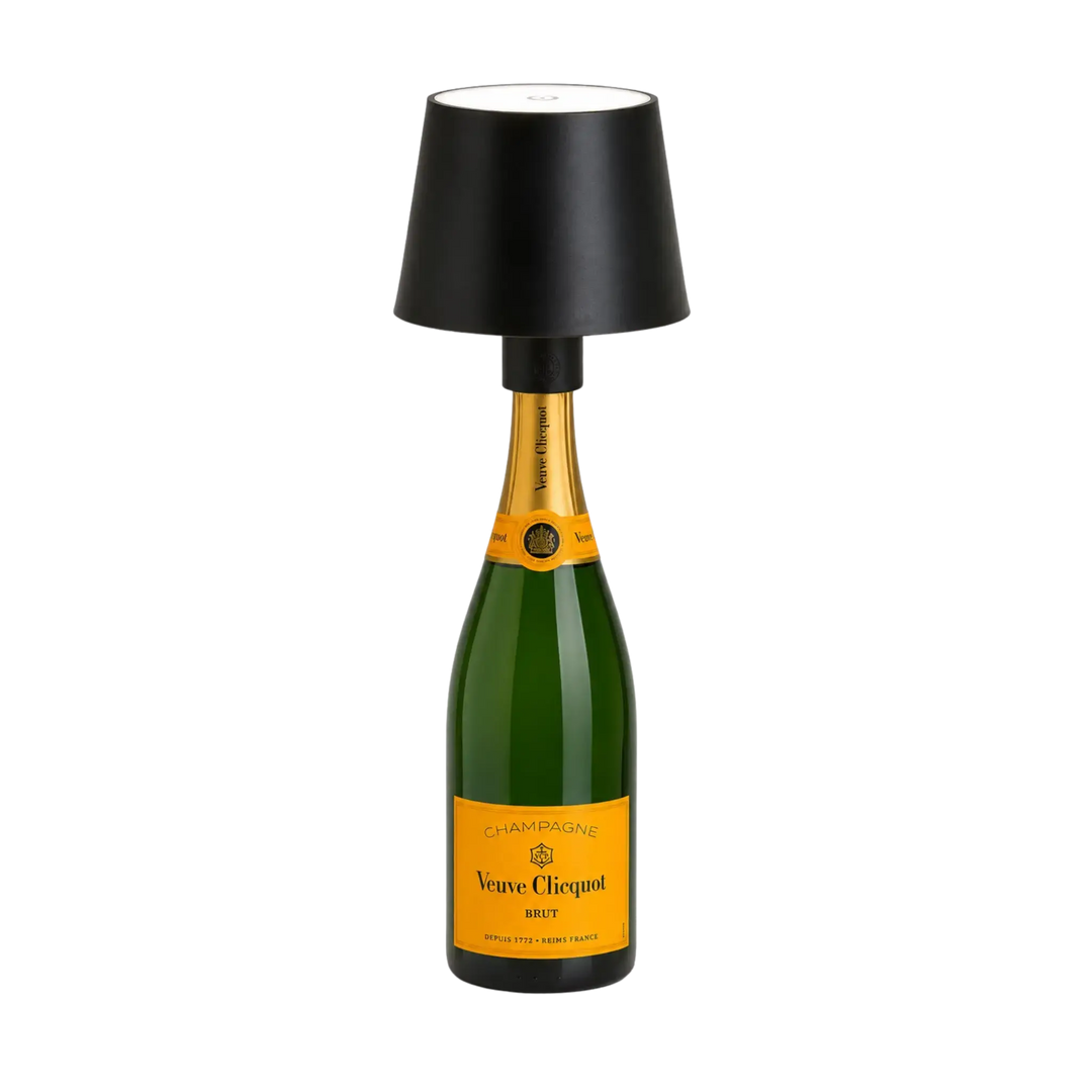 Rechargeable LED bottle lampshade with black cordless lamp topper on a wine bottle, cozy ambient lighting by Mood by DMJ