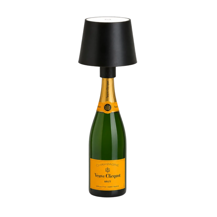 Rechargeable LED bottle lampshade with black cordless lamp topper on a wine bottle, cozy ambient lighting by Mood by DMJ