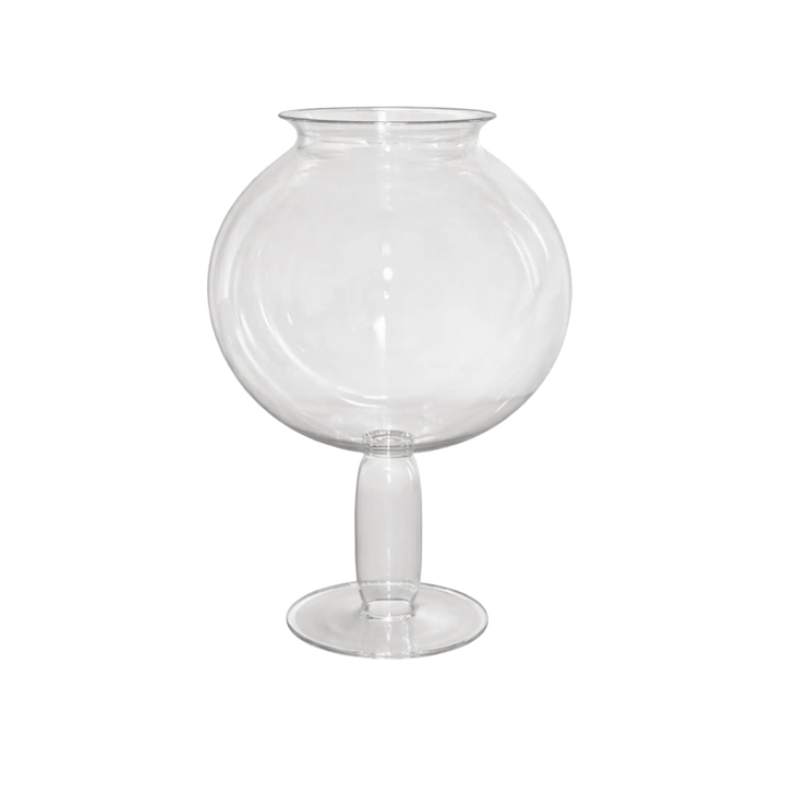 Large handblown glass Leech Bowl in clear styled as sculptural centerpiece decor