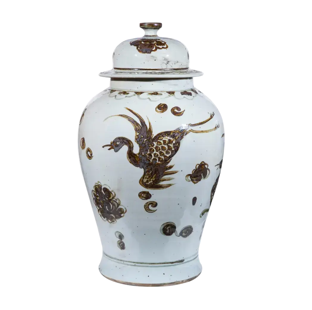 Distressed Chinoiserie Crane Ceramic Temple Jar by Legends Accents