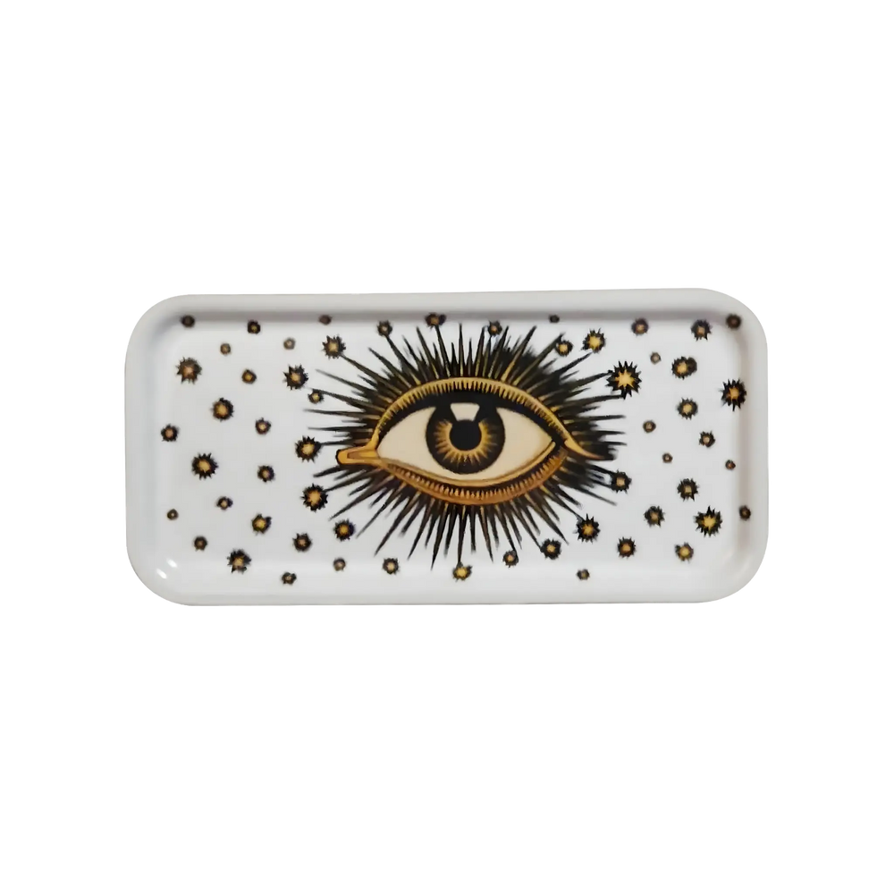 White wooden tray with hand-painted eye and starburst design by Les Ottomans, sold at Mood by DMJ