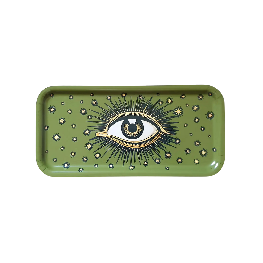 Olive green wooden tray with hand-painted eye and starburst design by Les Ottomans, sold at Mood by DMJ