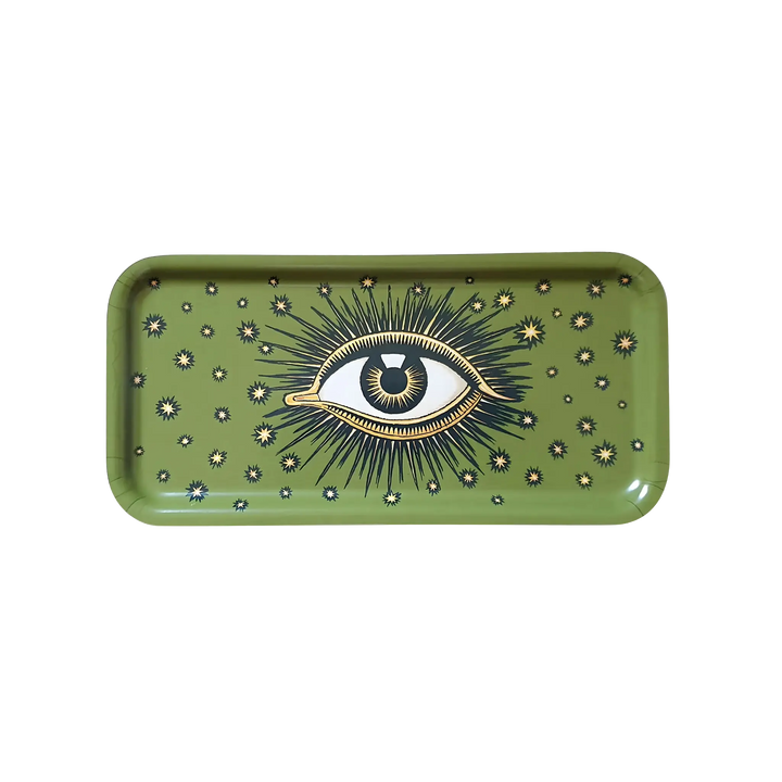 Olive green wooden tray with hand-painted eye and starburst design by Les Ottomans, sold at Mood by DMJ