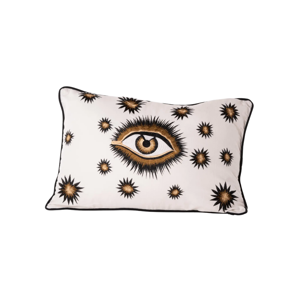 Hand-embroidered cotton eye throw pillow by Les Ottomans in white, 16x24 inches, insert included