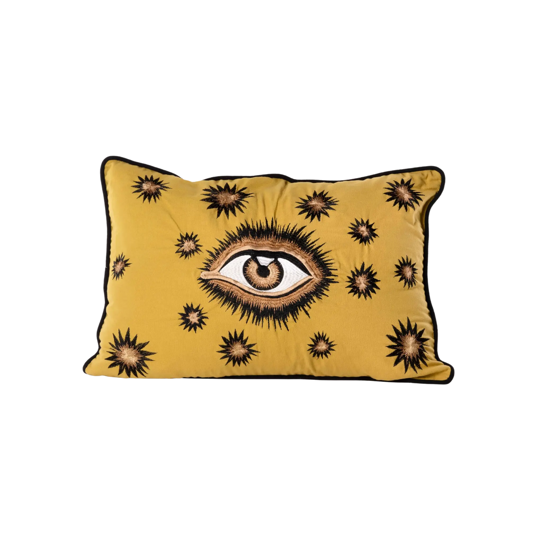 Hand-embroidered cotton eye throw pillow by Les Ottomans in yellow 16x24 inches, insert included
