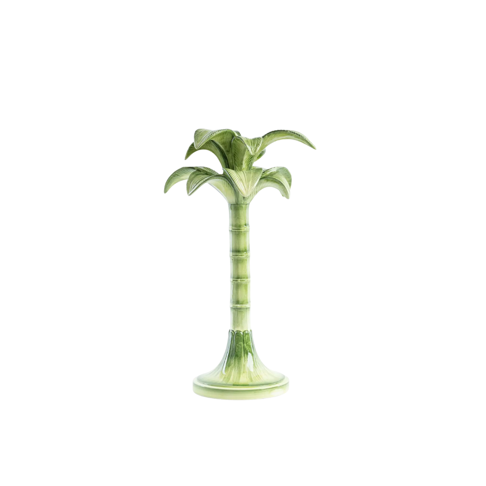 Hand painted green ceramic palm tree candelabra by Les Ottomans, Italian luxury home décor available at Mood by DMJ, view 2