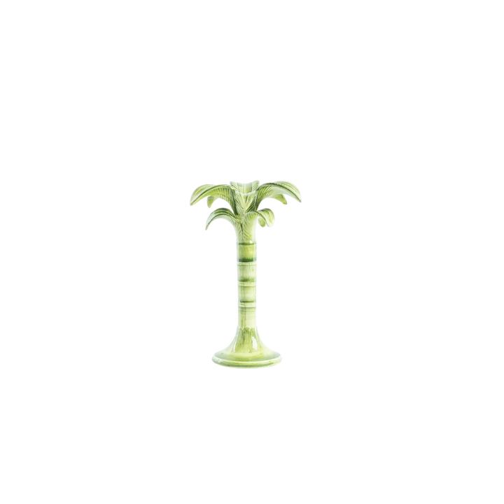 Hand painted green ceramic palm tree candelabra by Les Ottomans, Italian luxury home décor available at Mood by DMJ