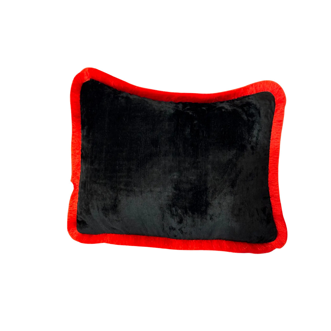 Velvet fringe trim throw pillow by Les Ottomans in off-white with black trim, yellow with navy trim, or black with red trim, 16x24 inches, view 3