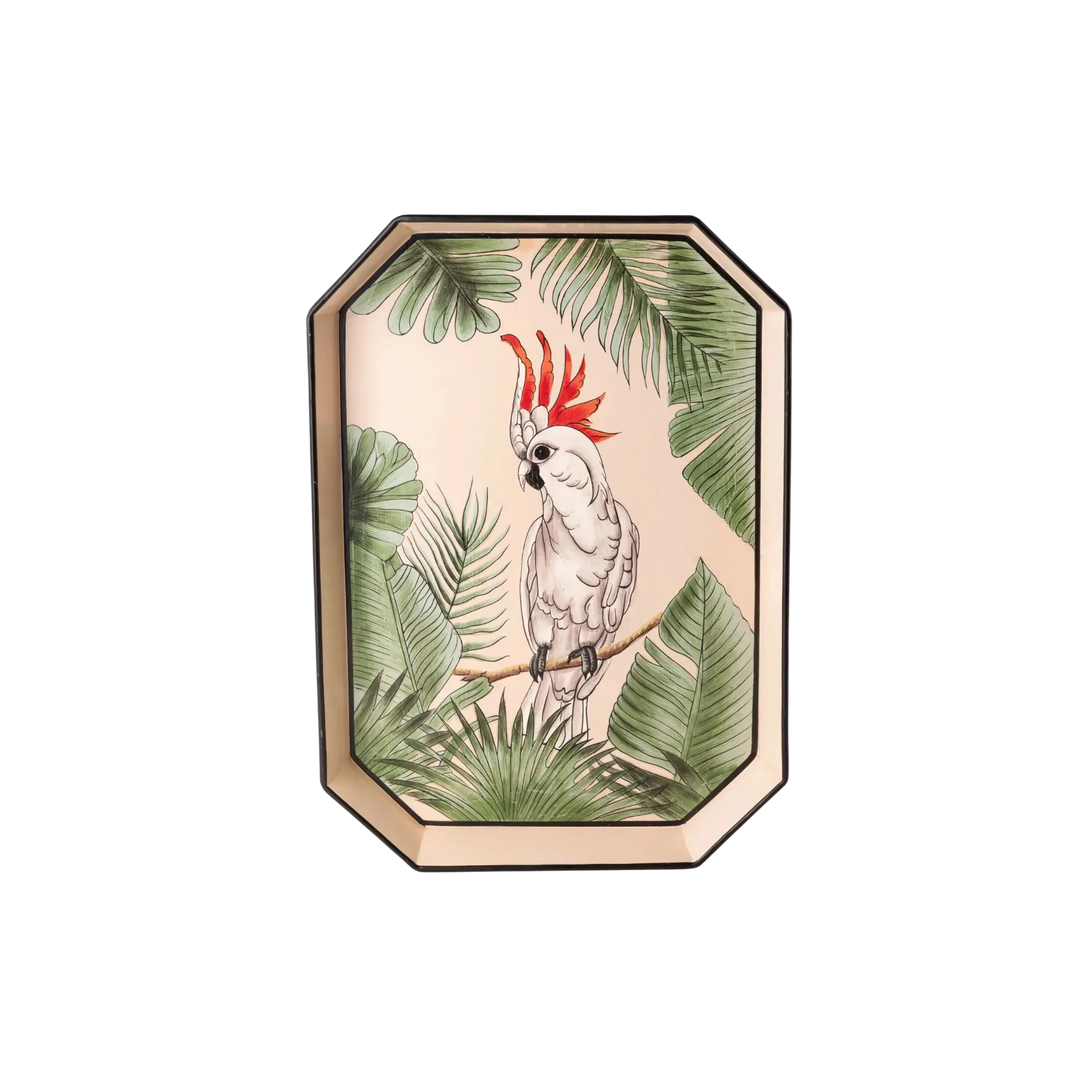 Hand-painted iron decorative tray with white parrot and green palm design by Les Ottomans, Italian luxury home décor available at Mood by