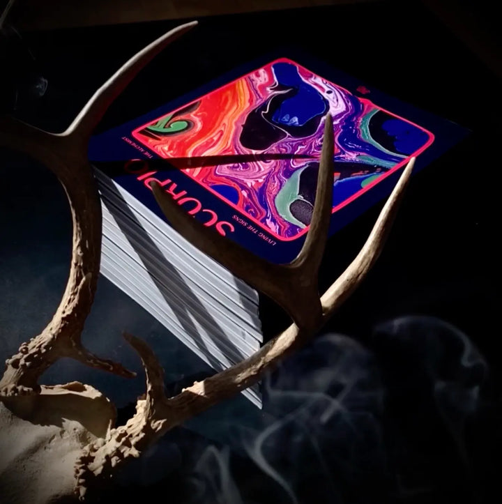Living the Signs: Scorpio workbook styled with antlers and smoke in dramatic low light