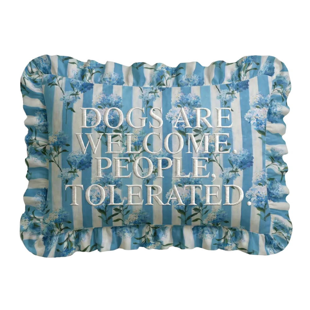 Dogs Welcome Ruffled Embroidered Pillow by Loom & Cloth