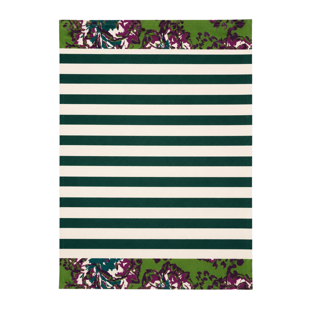Green cream stripe floral kitchen towel with wide forest green stripes and plum and teal floral border bands.