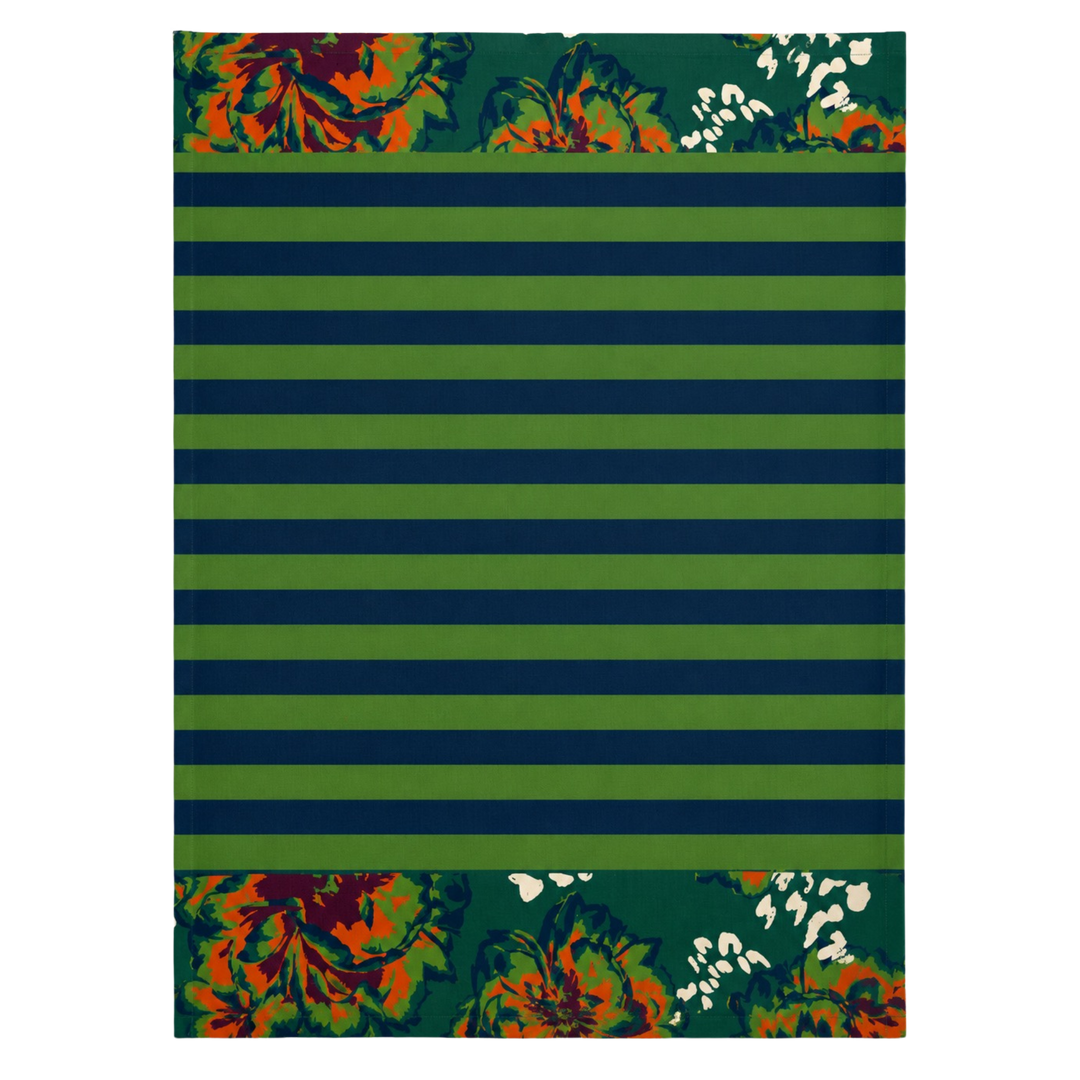 Green teal stripe floral kitchen towel with navy and green stripes and rust chrysanthemum floral border bands.