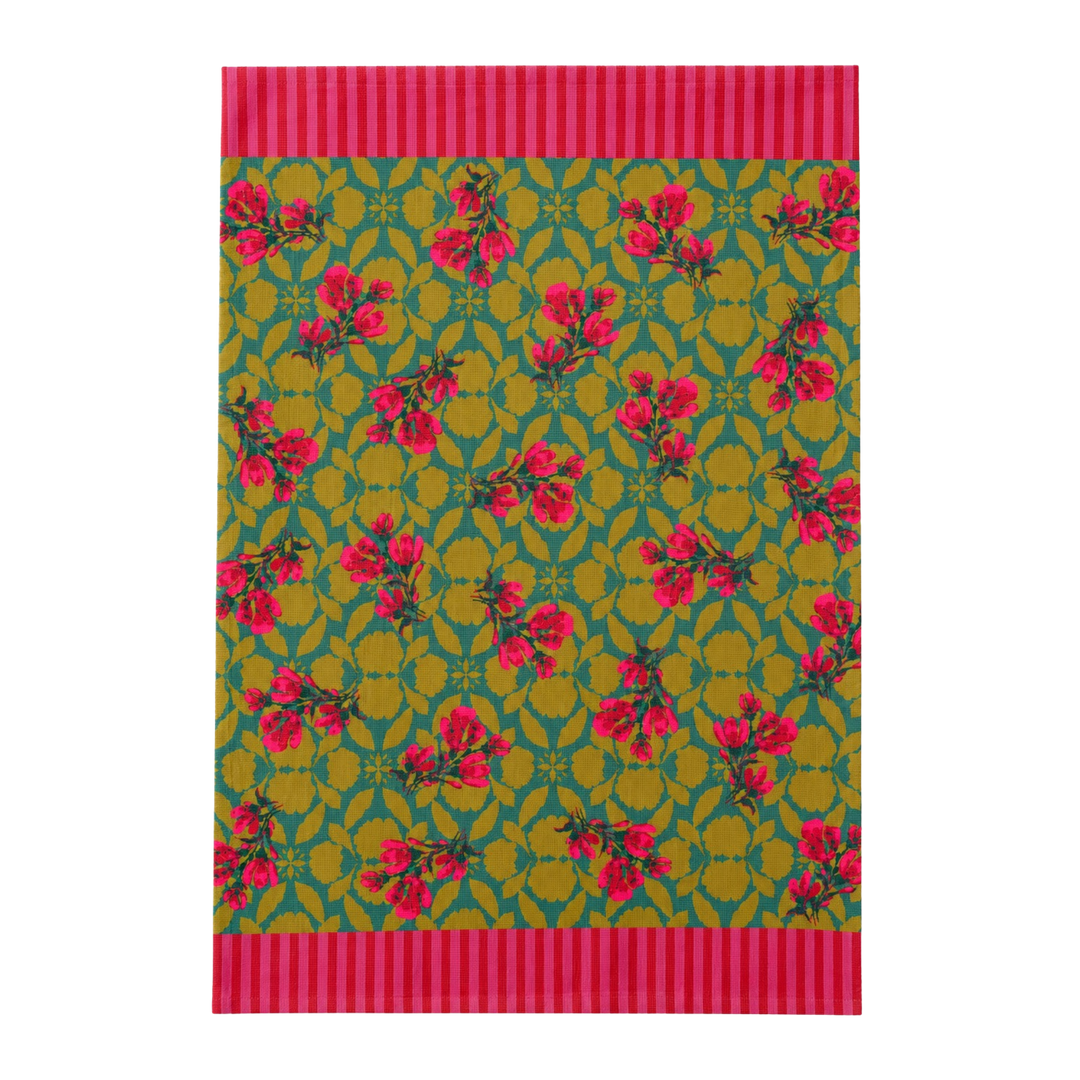 Olive magenta rose kitchen towel with magenta roses scattered over an olive-gold and teal trellis ground.