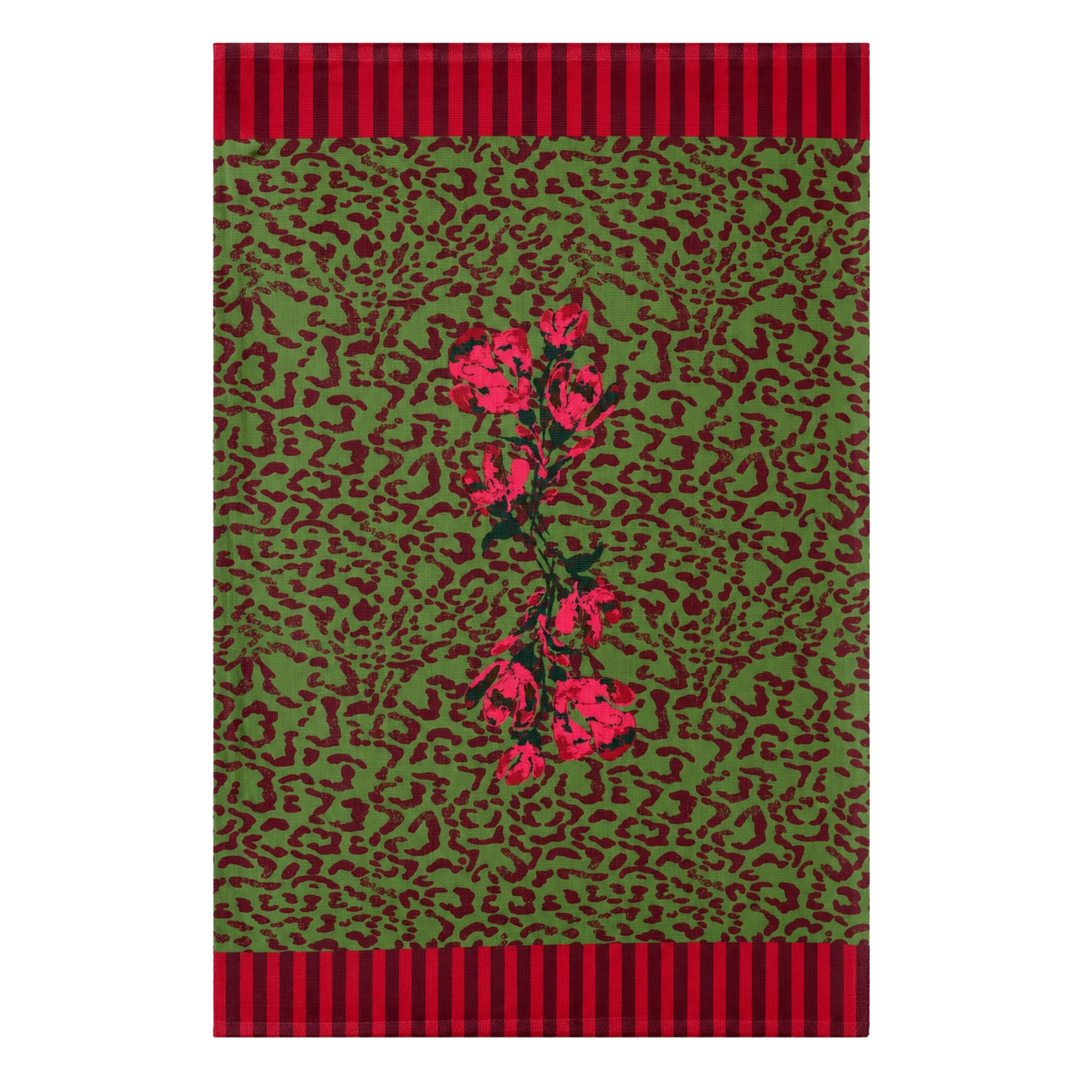 Olive pink floral kitchen towel with a hot pink rose spray on an olive ground marbled with burgundy brushstrokes.