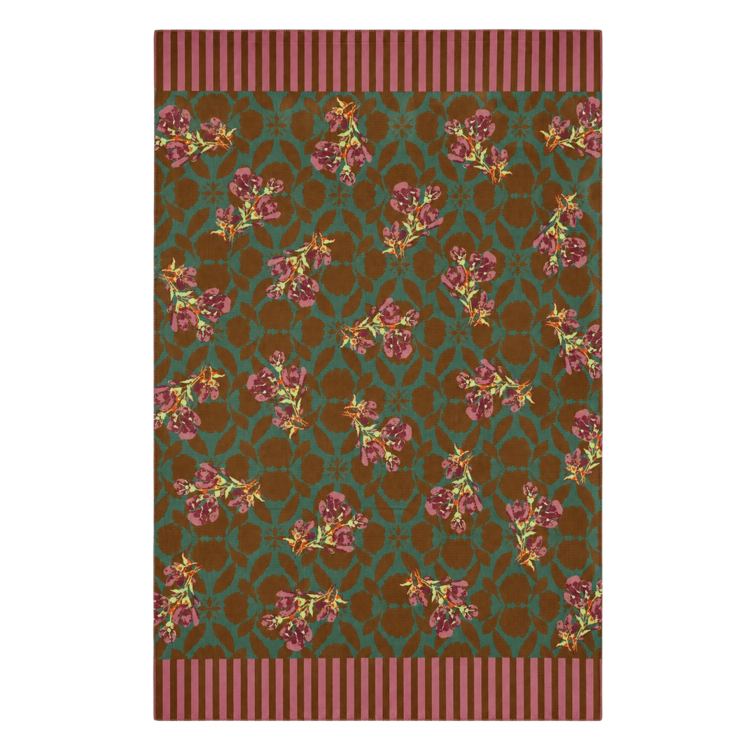 Olive pink rose trellis kitchen towel with pink rose sprigs on an olive-brown and teal trellis ground.