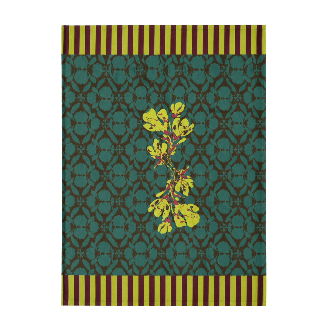 Teal olive trellis kitchen towel with a chartreuse leafy branch on a deep teal tonal trellis ground.