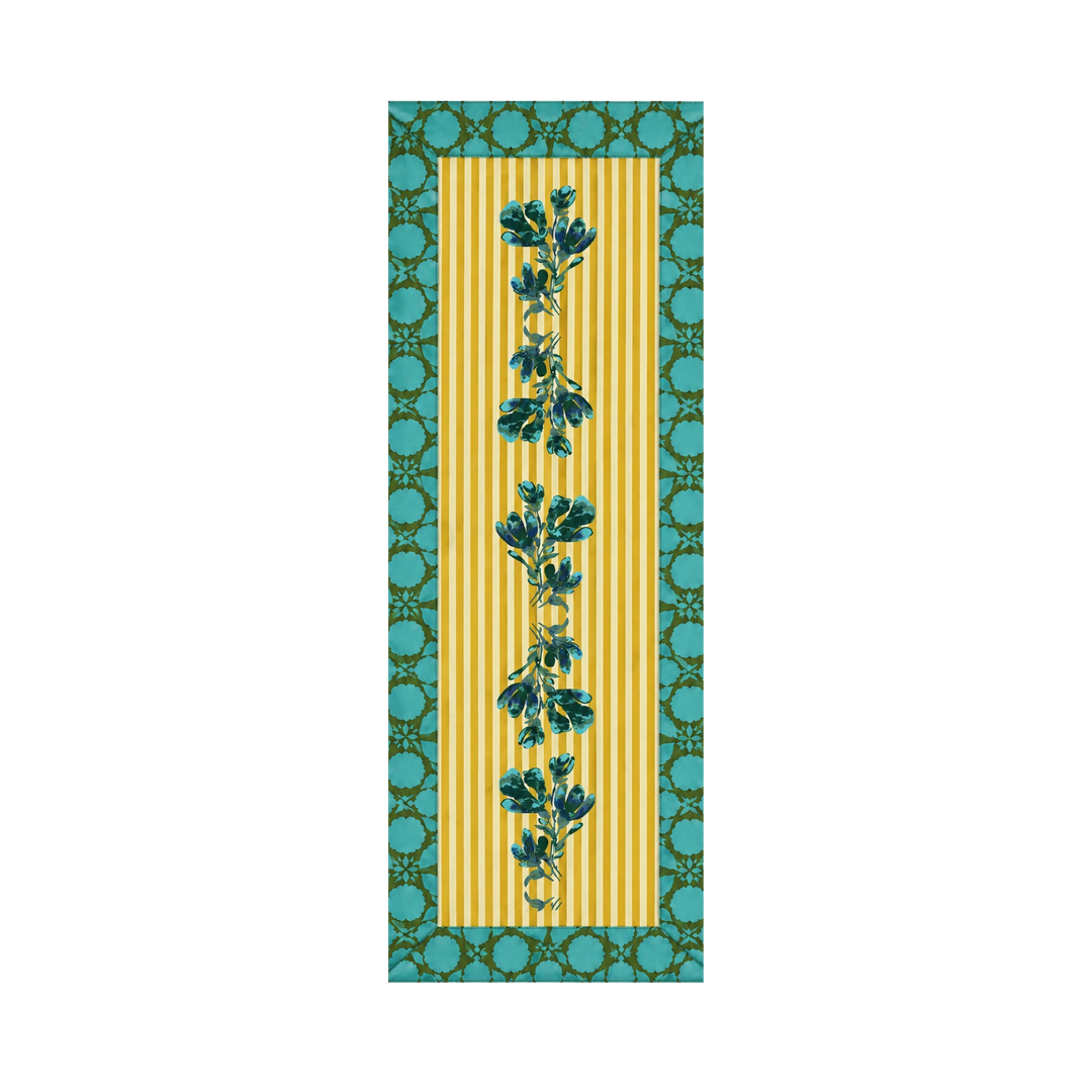 Yellow turquoise botanical cotton table runner with a teal vine on golden pinstripe and a turquoise medallion border.