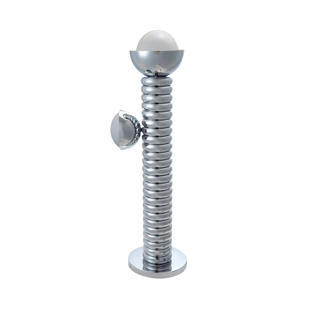 Chrome ribbed metal floor lamp with two glass globe shades