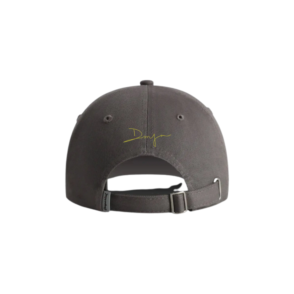 Mood by DMJ Signature Hat, Grey Chartreuse Dad Cap, signature Logo Hat back view in grey, embroidered chartreuse DMJ signature with, view 2