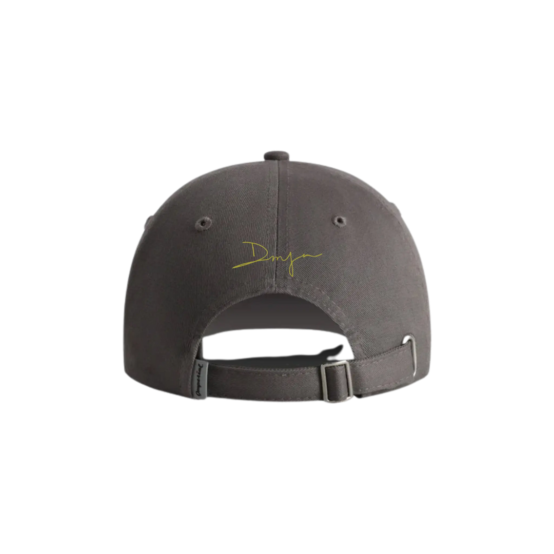 Mood by DMJ Signature Hat, Grey Chartreuse Dad Cap, signature Logo Hat back view in grey, embroidered chartreuse DMJ signature with, view 2