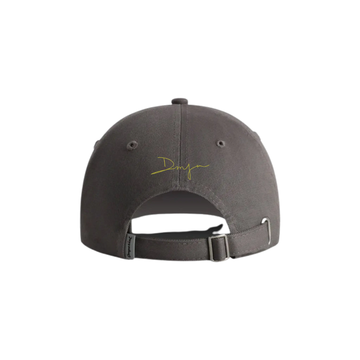 Mood by DMJ Signature Hat, Grey Chartreuse Dad Cap, signature Logo Hat back view in grey, embroidered chartreuse DMJ signature with, view 2