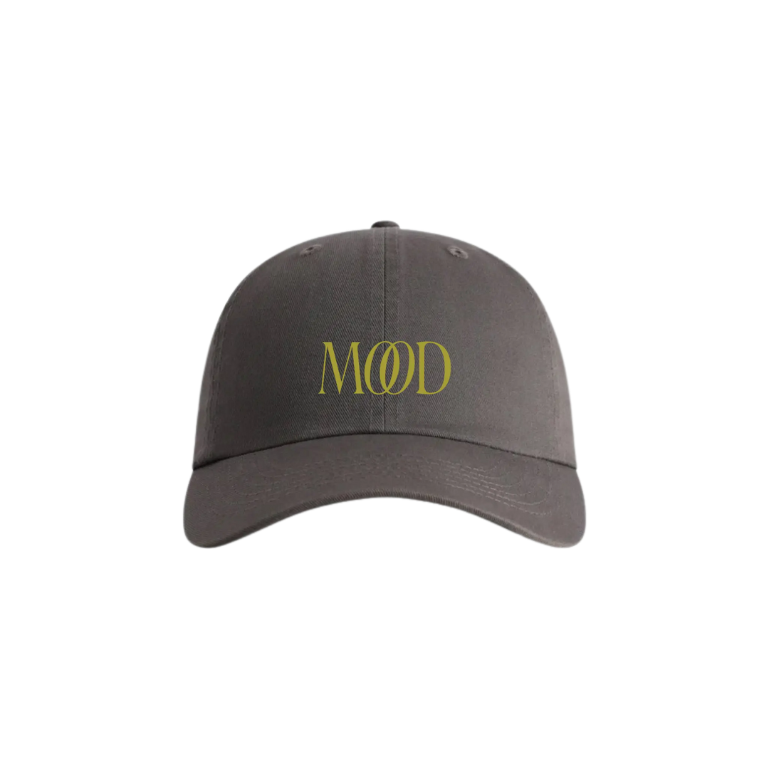 Signature Logo Hat in grey, embroidered chartreuse MOOD wordmark cotton dad cap, front view