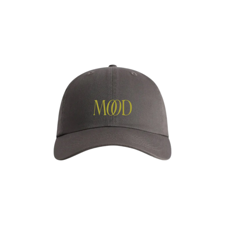 Signature Logo Hat in grey, embroidered chartreuse MOOD wordmark cotton dad cap, front view