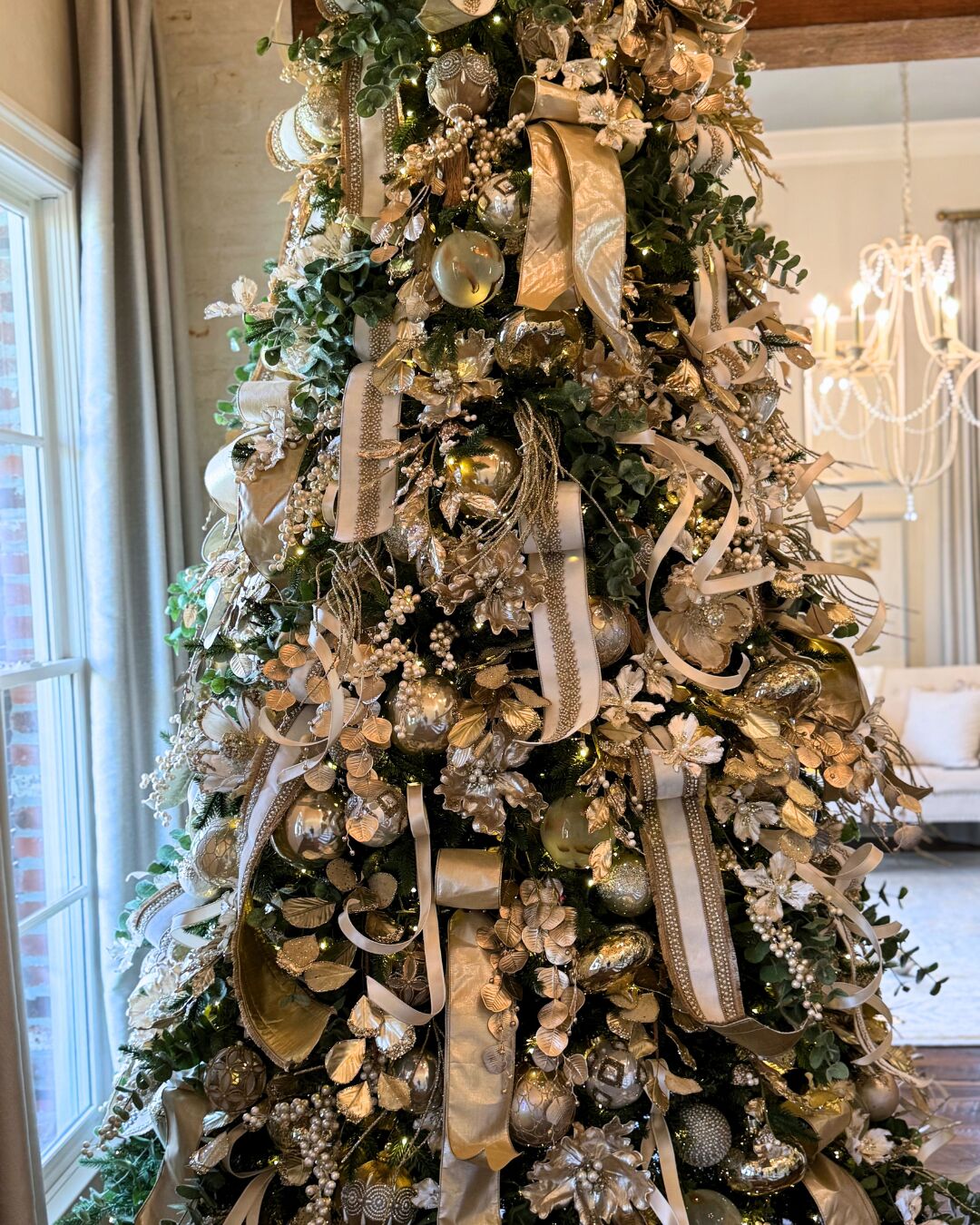 Champagne and gold Christmas tree with pearl picks, metallic florals and ivory ribbon, decorated by Mood by DMJ in Lafayette