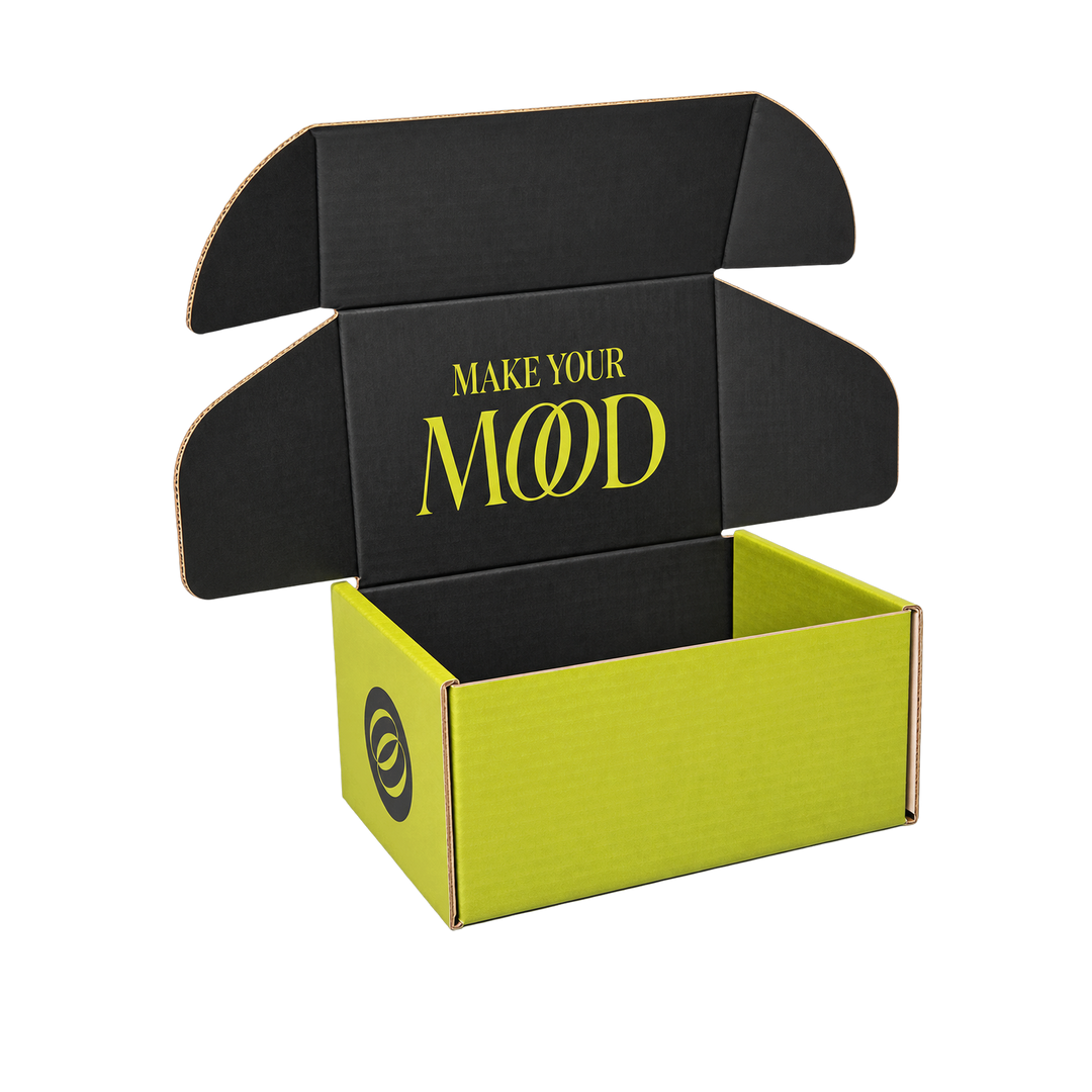 Open Mood Mailer box with Make Your Mood printed inside the lid