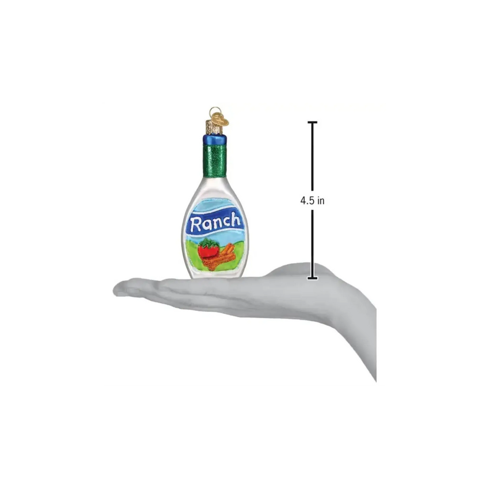 Old World Christmas Ranch Dressing glass ornament, mouth-blown and hand-painted collectible featuring a glittered bottle design for holiday, view 2