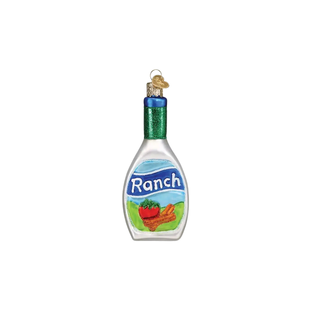 Old World Christmas Ranch Dressing glass ornament, mouth-blown and hand-painted collectible featuring a glittered bottle design for holiday
