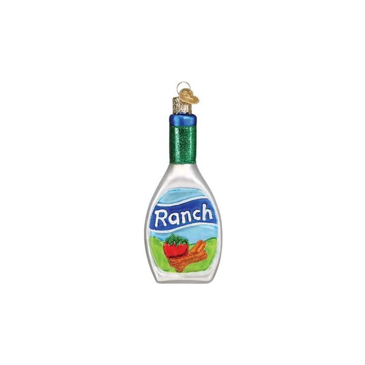 Old World Christmas Ranch Dressing glass ornament, mouth-blown and hand-painted collectible featuring a glittered bottle design for holiday