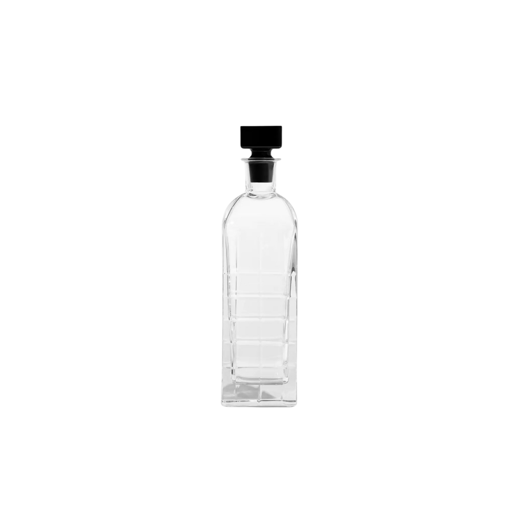 Orrefors Street Decanter designed by Jan Johansson with Manhattan-inspired geometric pattern, black square stopper, Swedish-made crystal