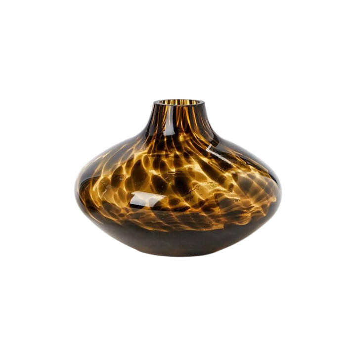 Oval shaped tortoise print glass bud vase with wide flat body and narrow neck, Mood by DMJ