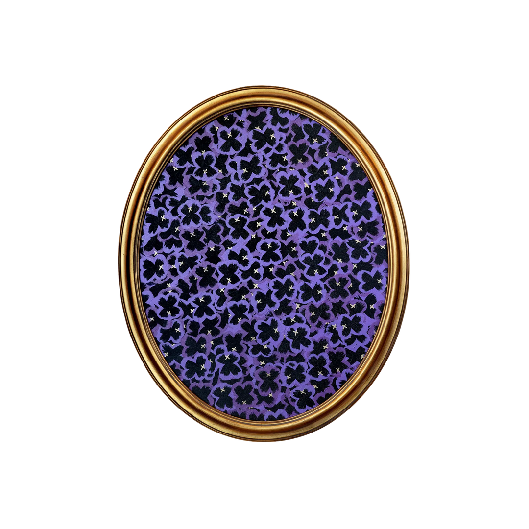 Purple and black Pansies painting by Scott Sanders in an oval gold frame
