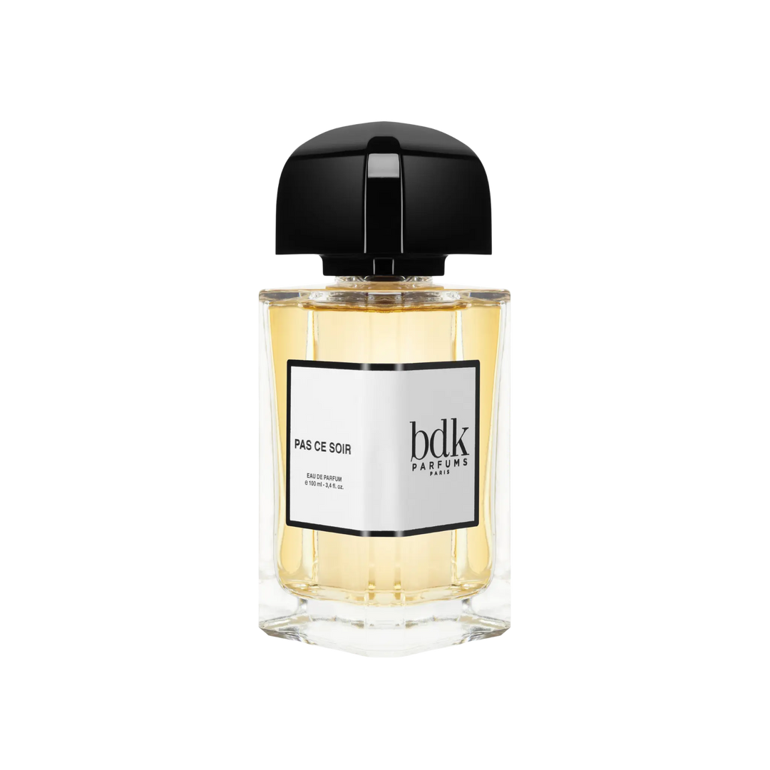 Pas Ce Soir Eau de Parfum by BDK Parfums - side view of unisex niche floral woody spicy fragrance bottle with bdk Parfums label