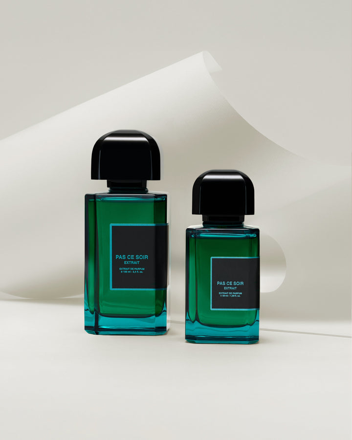 Pas Ce Soir Extrait by BDK Parfums 100 ml and 50 ml bottles side by side, from Mood by DMJ