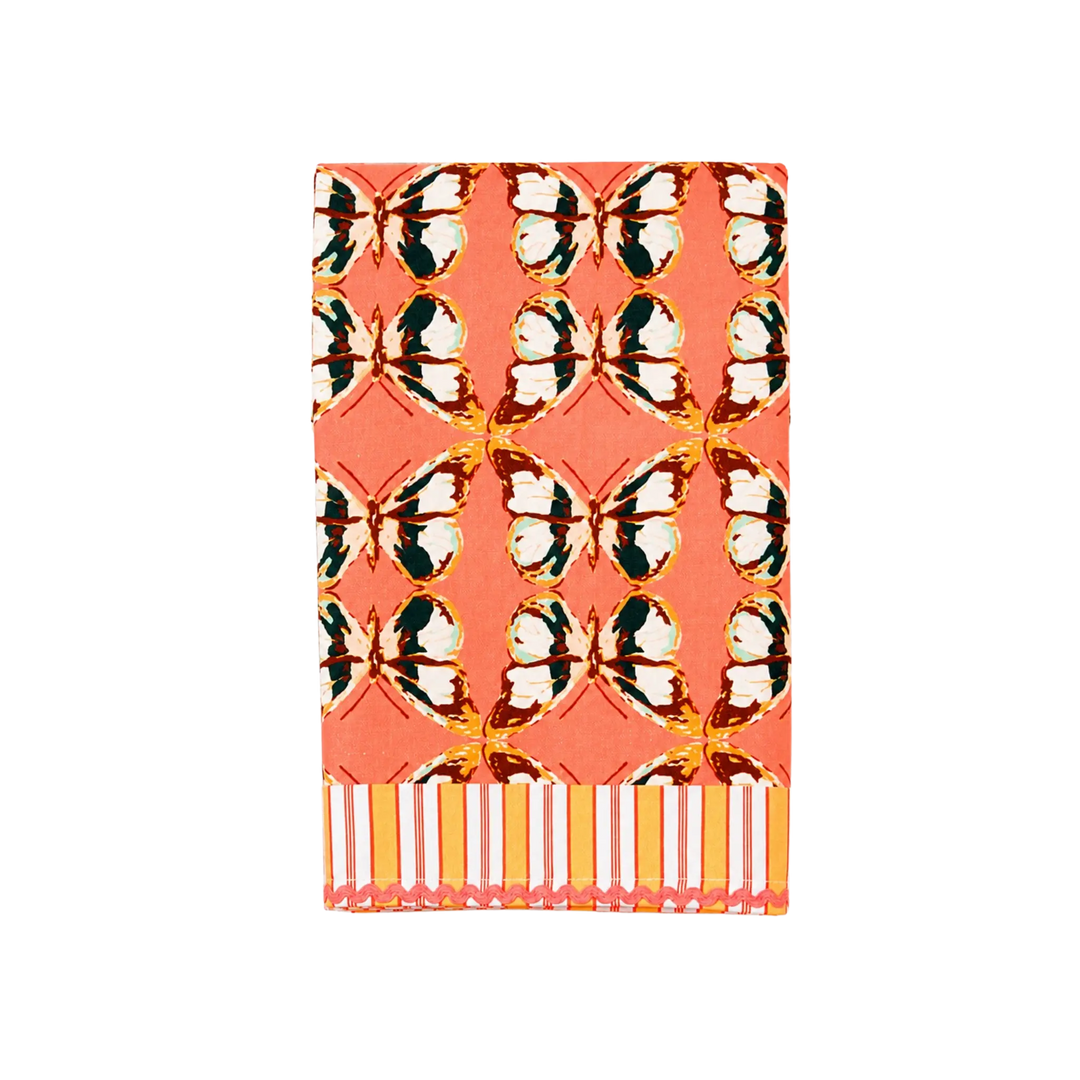 Pink Butterfly Kitchen Towel by Lynette Reed Studio — charming pink butterfly print on orange 100% cotton tea towel with rickrack trim.