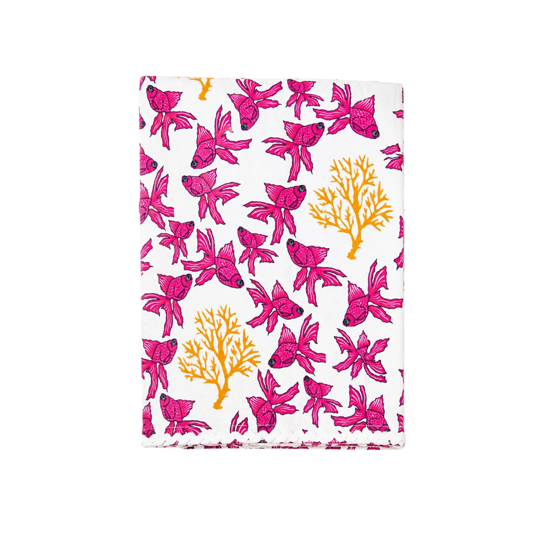 Pink Fish Kitchen Towel by Lynette Reed Studio — whimsical pink fish and coral print on 100% cotton tea towel with rickrack trim.