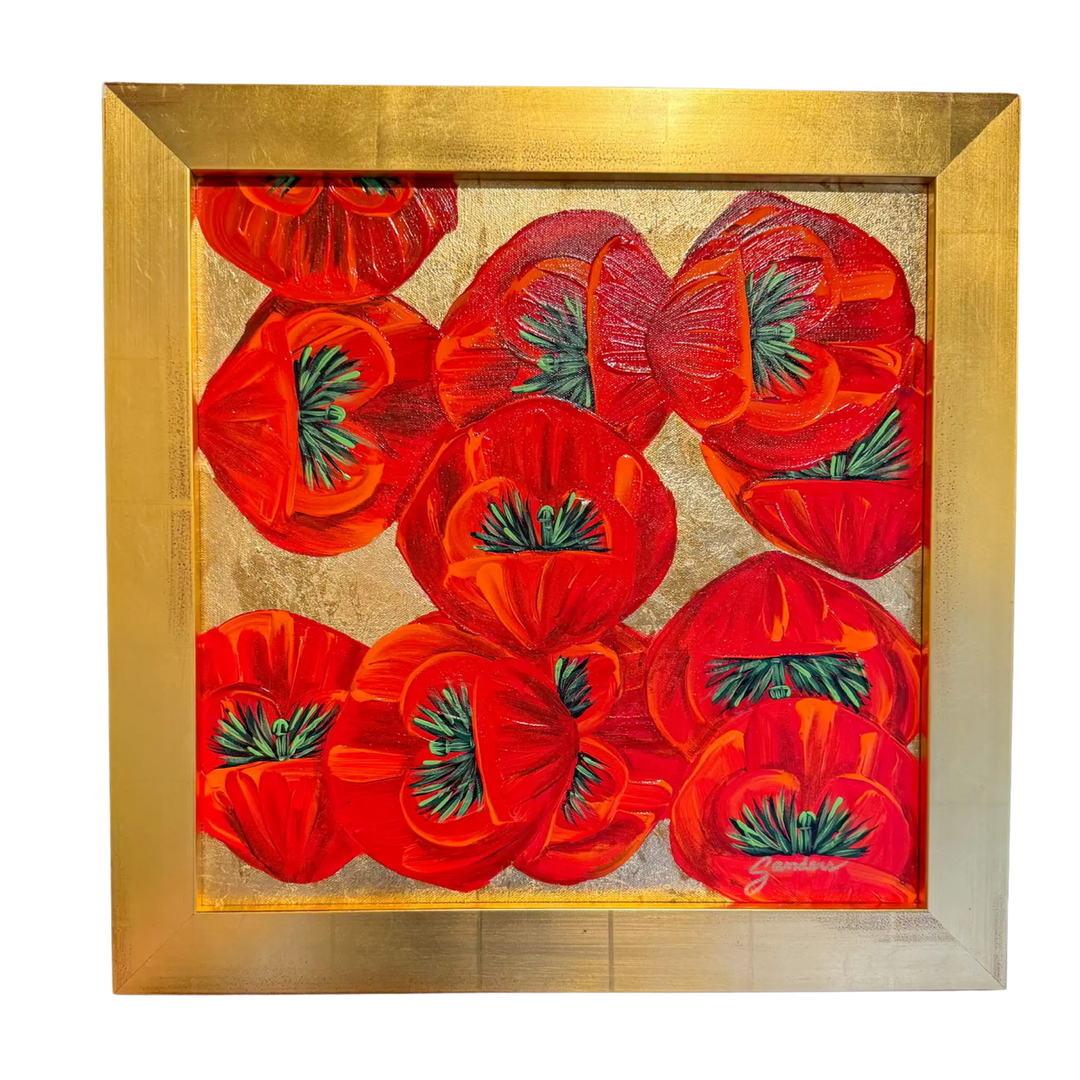 Poppies, Original Acrylic Painting by Scott Sanders, original red poppy painting by Scott Sanders on gold ground in a 19.25x19.25 gold frame