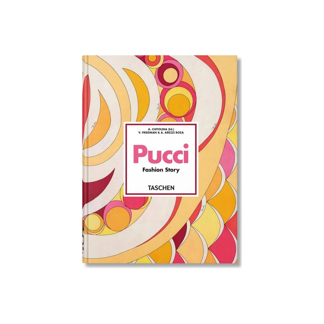 Pucci Fashion Story 45th Edition by Taschen, hardcover book with orange, pink, and yellow Emilio Pucci print cover